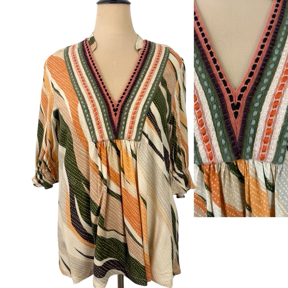 ANTHROPOLOGIE Blank London Stephanie Embroidered TOP L Boho Artsy Indie Peasant